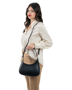 DAFNE Borsa hobo a spalla in vera pelle saffiano colore nero con tracolla
