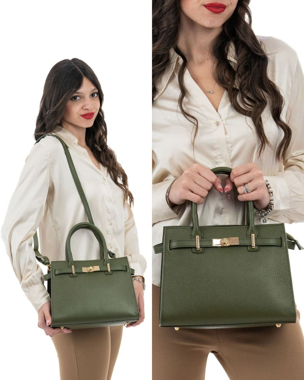 CELINE Borsa a mano in vera pelle martellata colore verde militare con tracolla