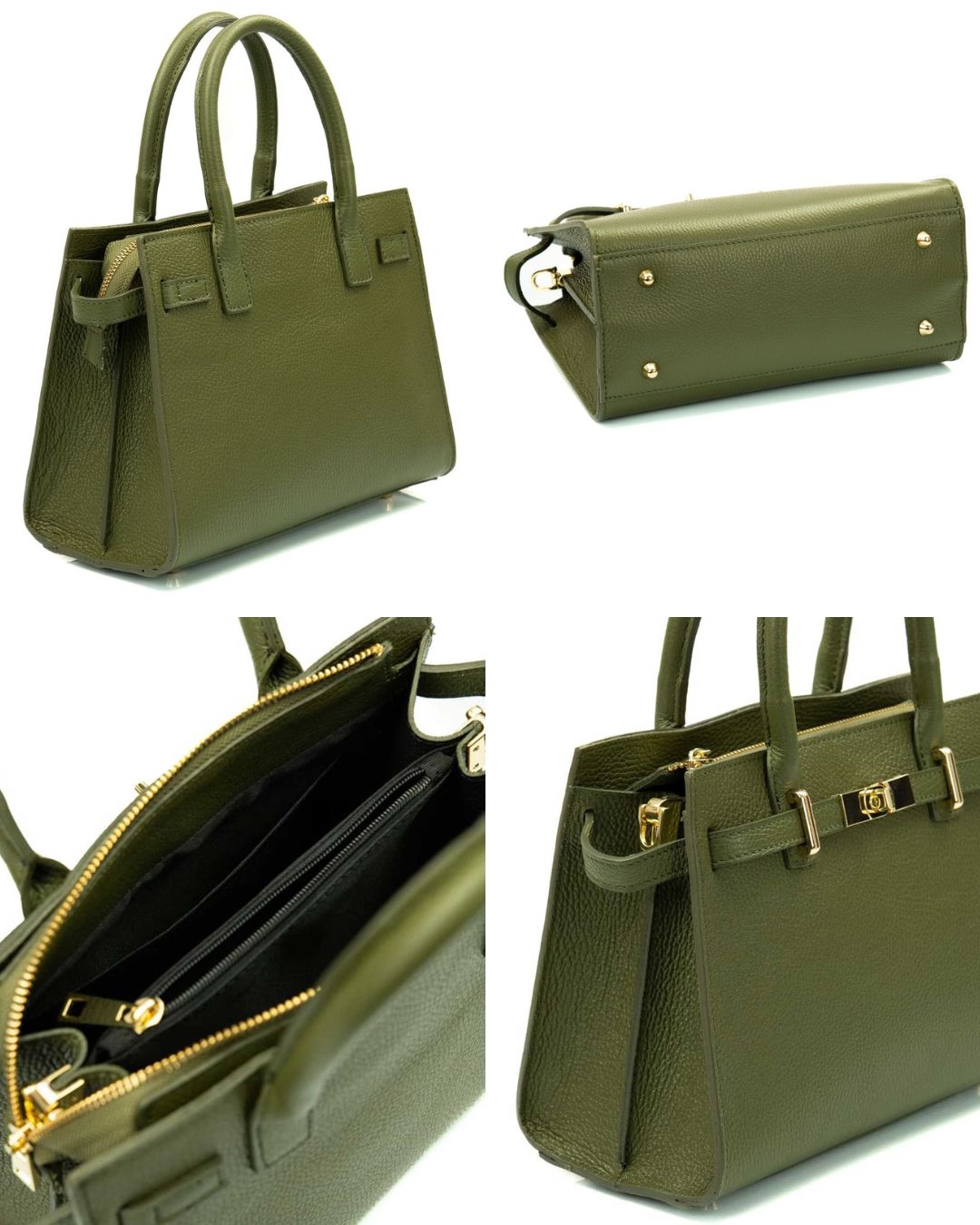 CELINE Borsa a mano in vera pelle martellata colore verde militare con tracolla