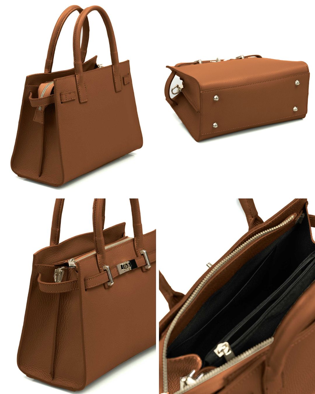 CELINE Borsa a mano in vera pelle martellata colore cuoio con tracolla