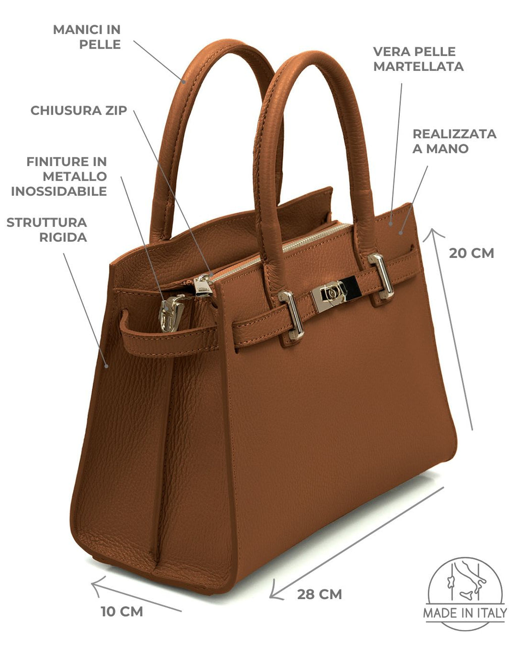 CELINE Borsa a mano in vera pelle martellata colore cuoio con tracolla