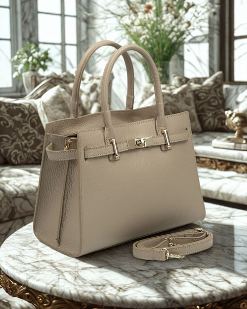 CELINE Borsa a mano in vera pelle martellata colore taupe con tracolla