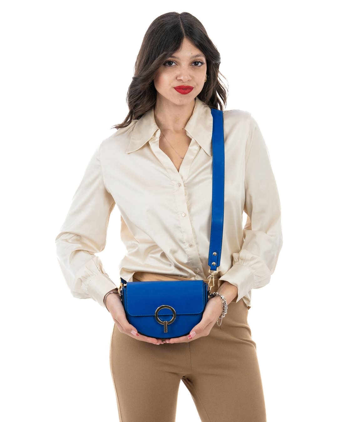 EVELYN Borsa a tracolla in vera pelle saffiano colore blu elettrico