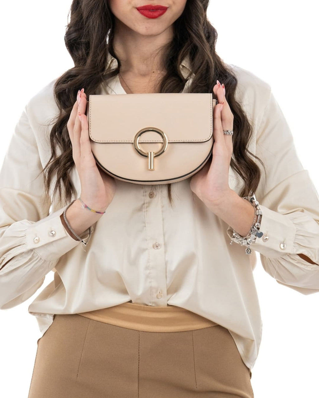 EVELYN Borsa a tracolla in vera pelle saffiano colore cipria