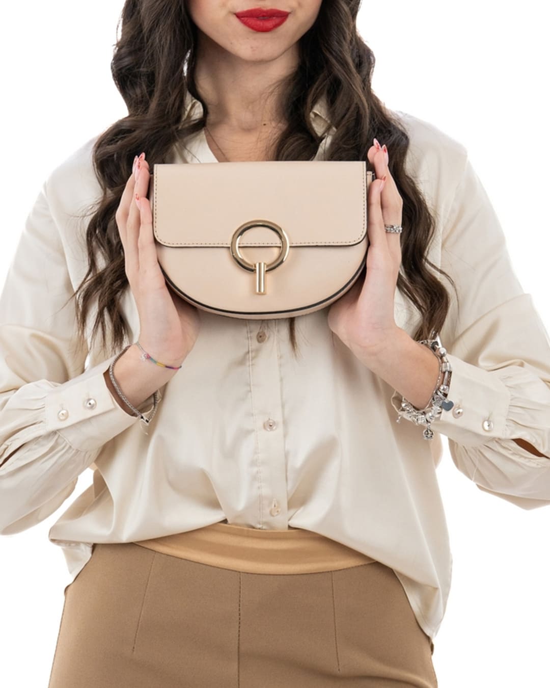 EVELYN Borsa a tracolla in vera pelle saffiano colore cipria