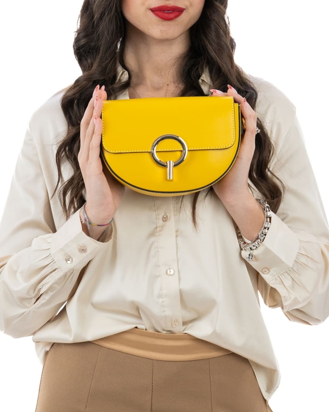 EVELYN Borsa a tracolla in vera pelle saffiano colore giallo