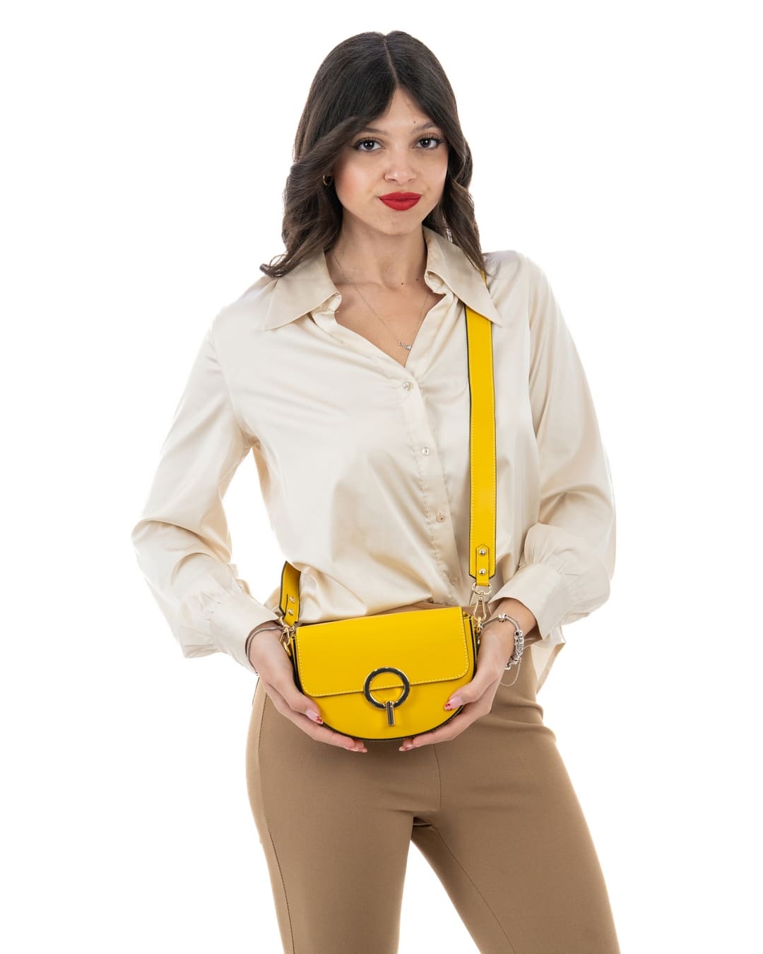 EVELYN Borsa a tracolla in vera pelle saffiano colore giallo