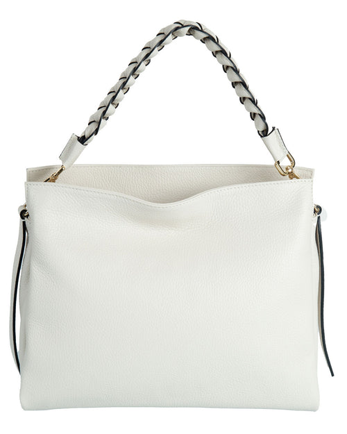 Borsa a spalla in vera pelle martellata colore beige con manico intrecciato e tracolla rimovibile