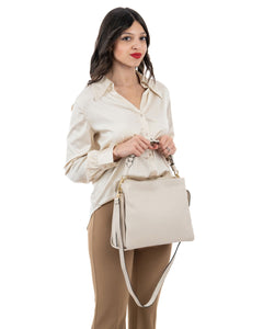 AGATHA Borsa a spalla in vera pelle martellata colore beige con manico intrecciato e tracolla rimovibile