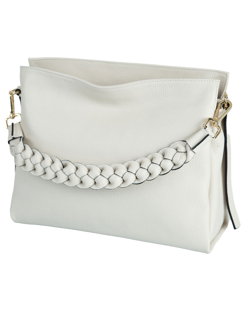 AGATHA Borsa a spalla in vera pelle martellata colore beige con manico intrecciato e tracolla rimovibile