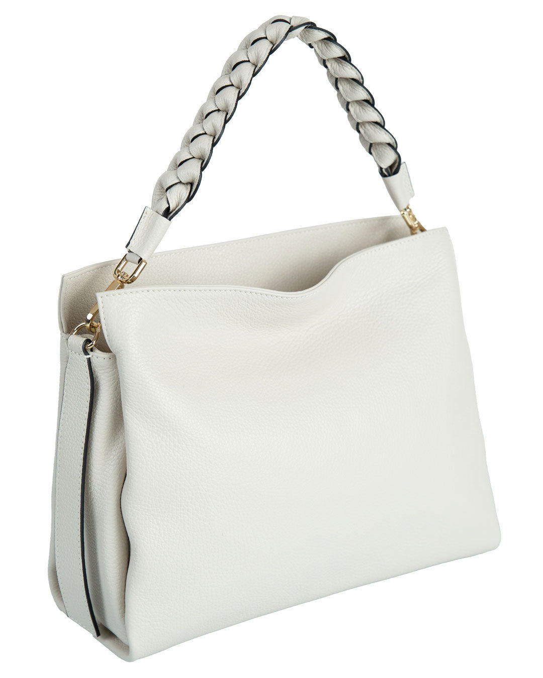 AGATHA Borsa a spalla in vera pelle martellata colore beige con manico intrecciato e tracolla rimovibile