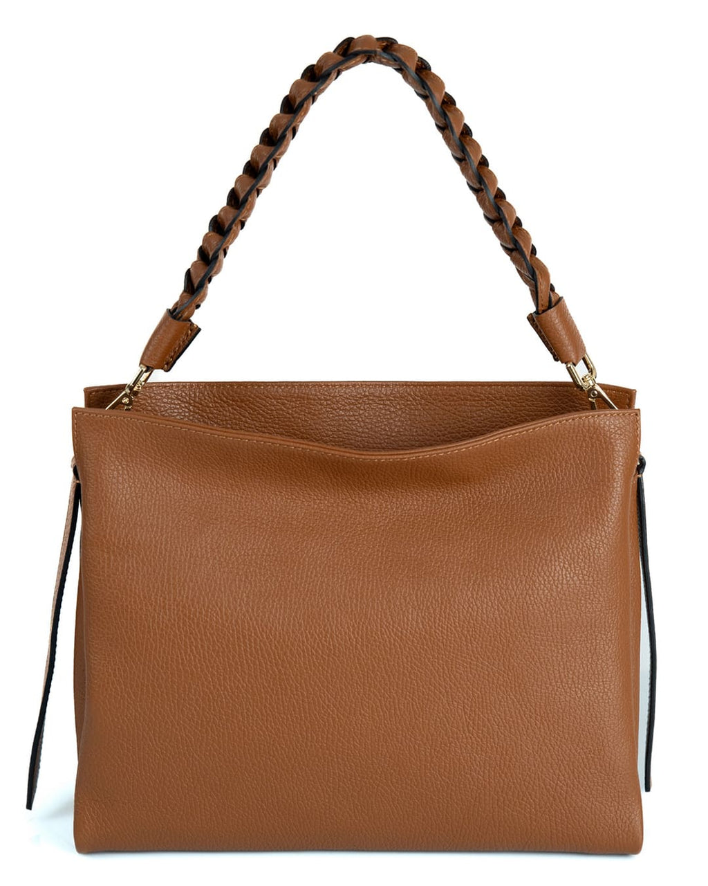 AGATHA Borsa a spalla in vera pelle martellata colore cuoio con manico intrecciato e tracolla