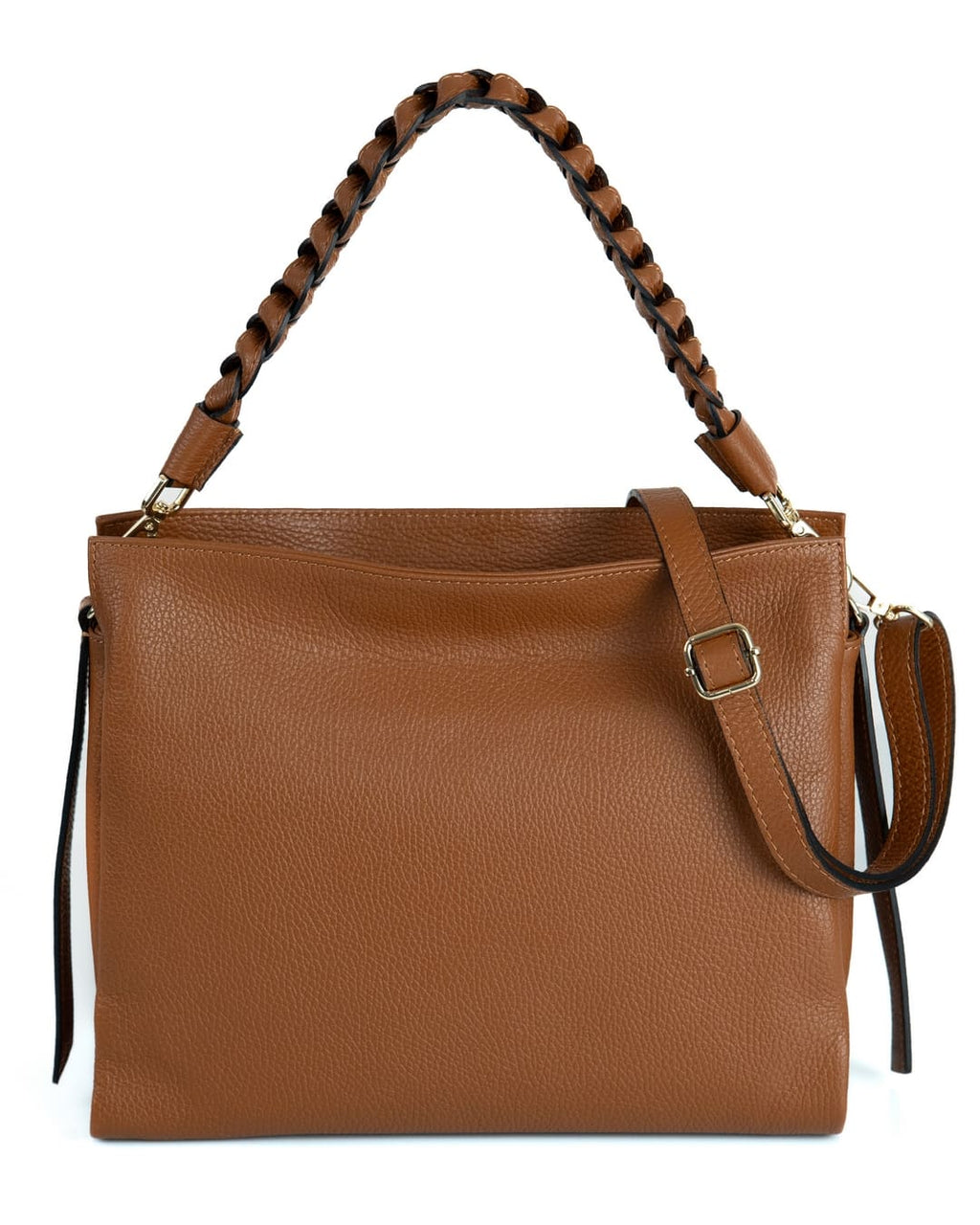 AGATHA Borsa a spalla in vera pelle martellata colore cuoio con manico intrecciato e tracolla