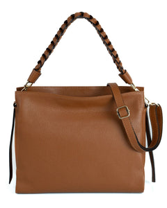 AGATHA Borsa a spalla in vera pelle martellata colore cuoio con manico intrecciato e tracolla