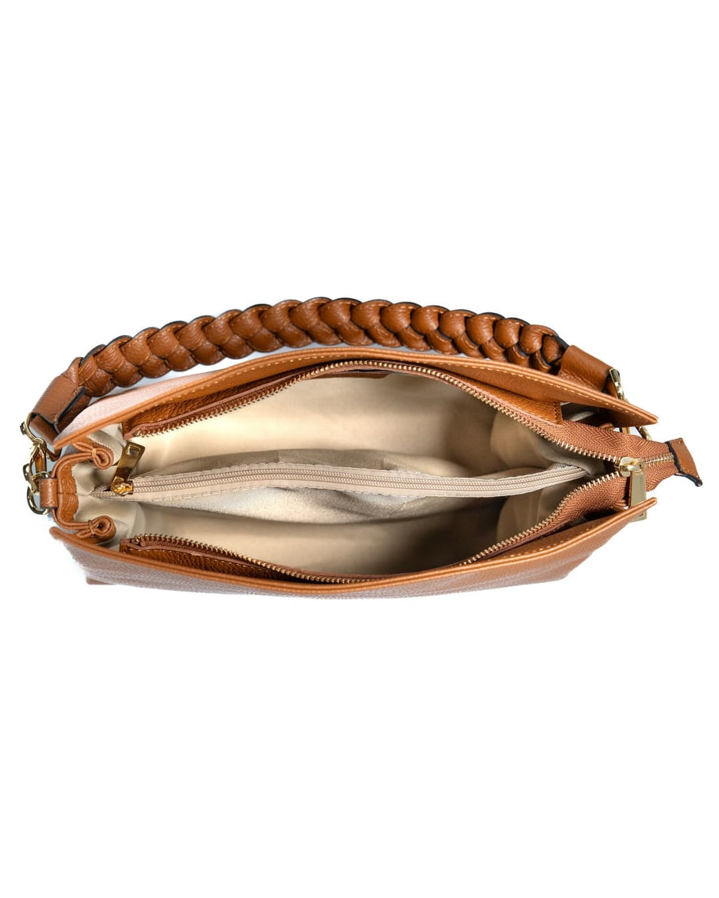 AGATHA Borsa a spalla in vera pelle martellata colore cuoio con manico intrecciato e tracolla