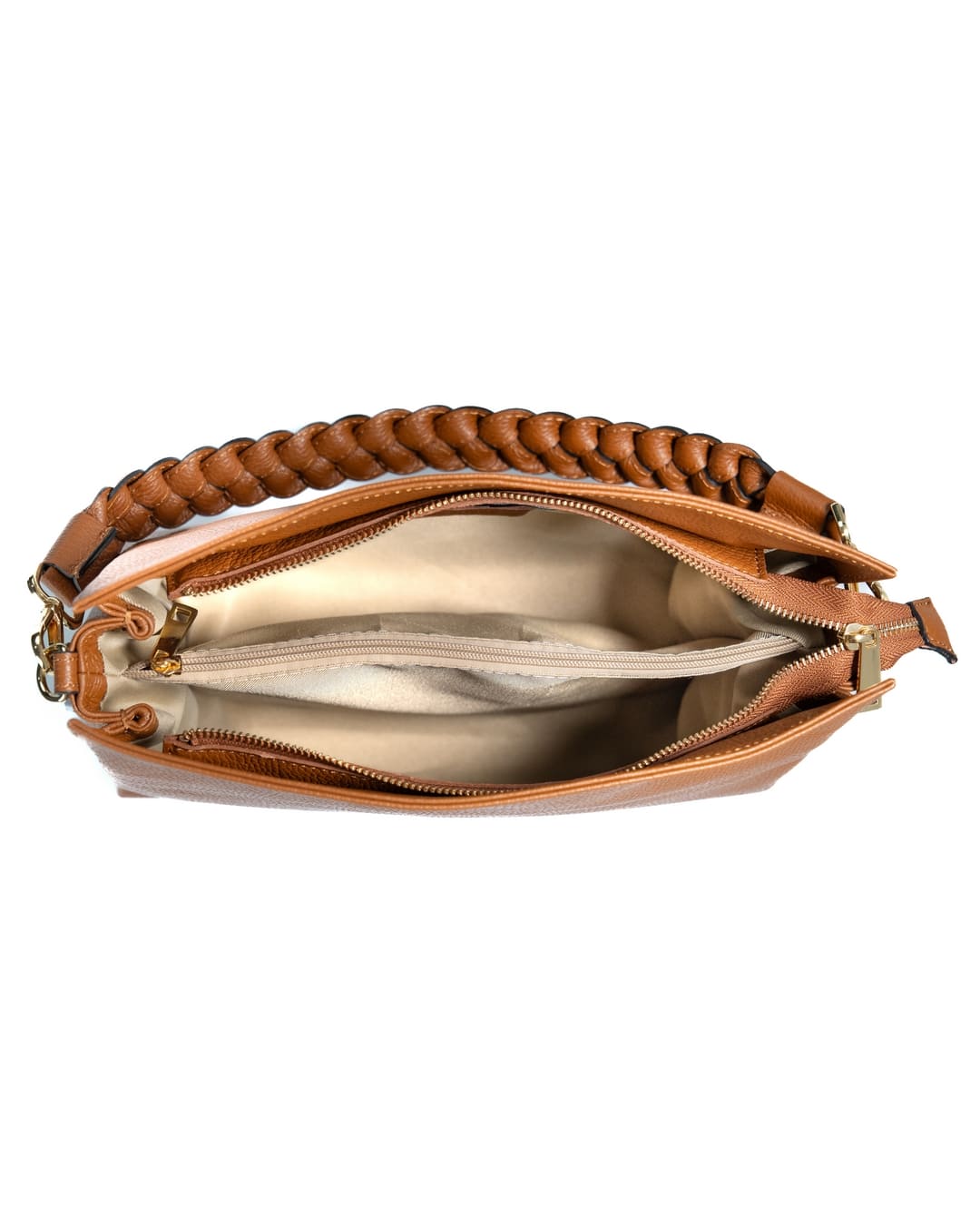 AGATHA Borsa a spalla in vera pelle martellata colore cuoio con manico intrecciato e tracolla