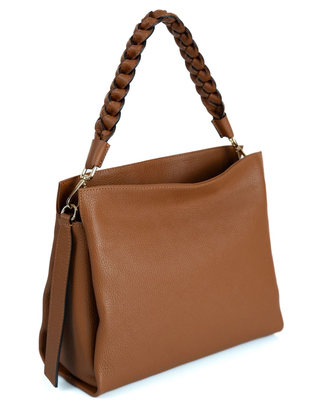 AGATHA Borsa a spalla in vera pelle martellata colore cuoio con manico intrecciato e tracolla
