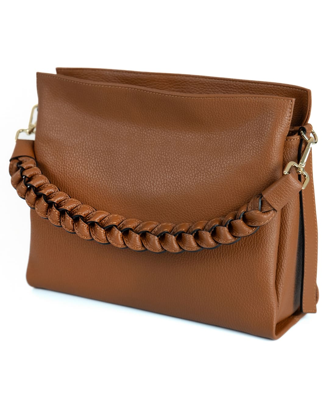 AGATHA Borsa a spalla in vera pelle martellata colore cuoio con manico intrecciato e tracolla