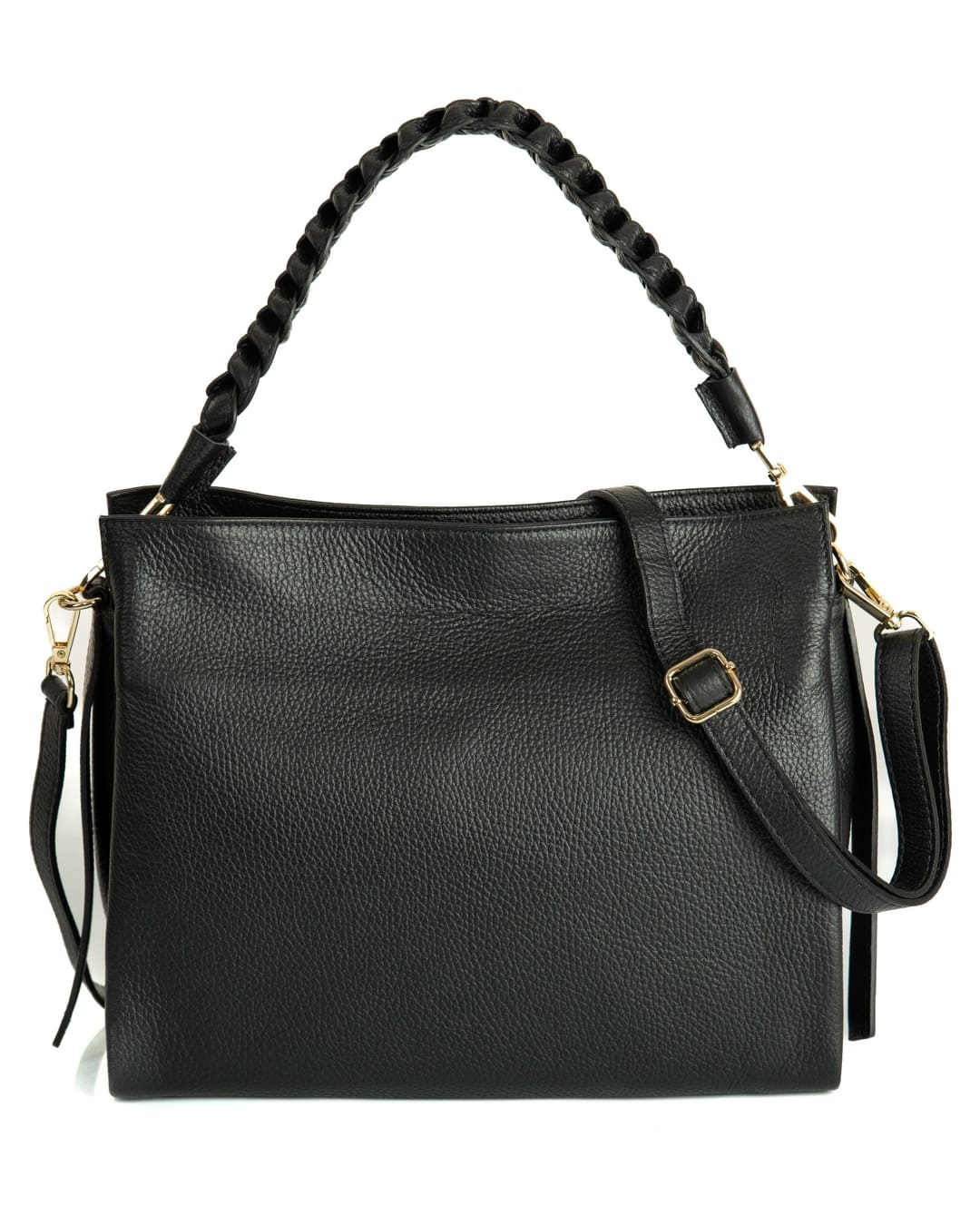 AGATHA Borsa a spalla in vera pelle martellata colore nero con manico intrecciato e tracolla