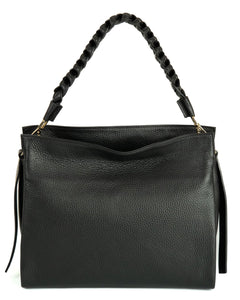 AGATHA Borsa a spalla in vera pelle martellata colore nero con manico intrecciato e tracolla