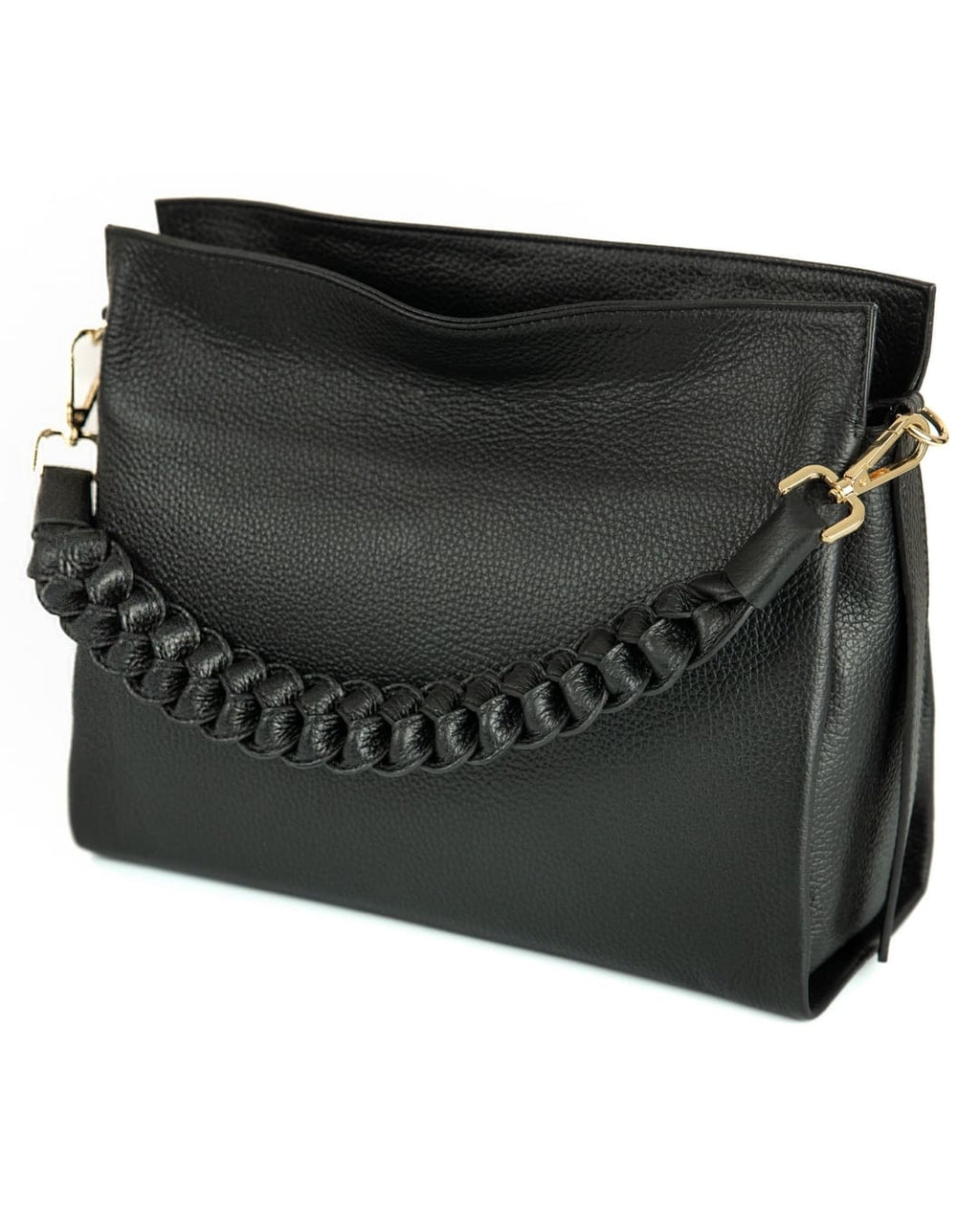 AGATHA Borsa a spalla in vera pelle martellata colore nero con manico intrecciato e tracolla