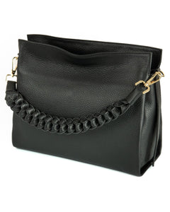 AGATHA Borsa a spalla in vera pelle martellata colore nero con manico intrecciato e tracolla