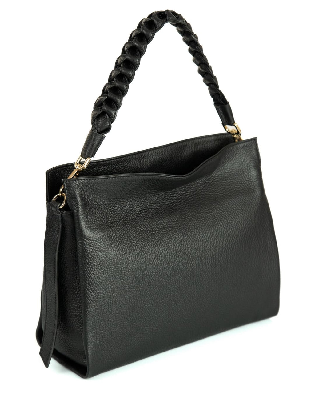 AGATHA Borsa a spalla in vera pelle martellata colore nero con manico intrecciato e tracolla