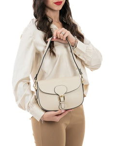 CHARLOTTE Borsa a spalla in vera pelle martellata beige con tracolla
