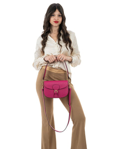 CHARLOTTE Borsa a spalla in vera pelle martellata fucsia con tracolla