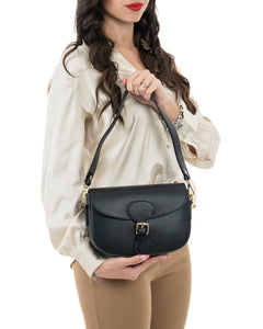 CHARLOTTE Borsa a spalla in vera pelle martellata nero con tracolla