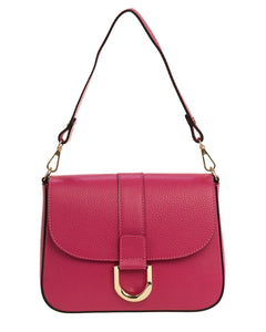 INES Borsa a spalla in vera pelle martellata fucsia con tracolla