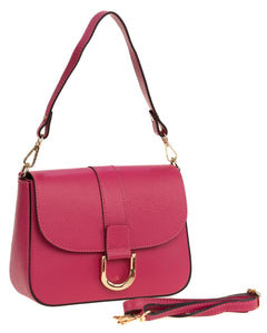 INES Borsa a spalla in vera pelle martellata fucsia con tracolla