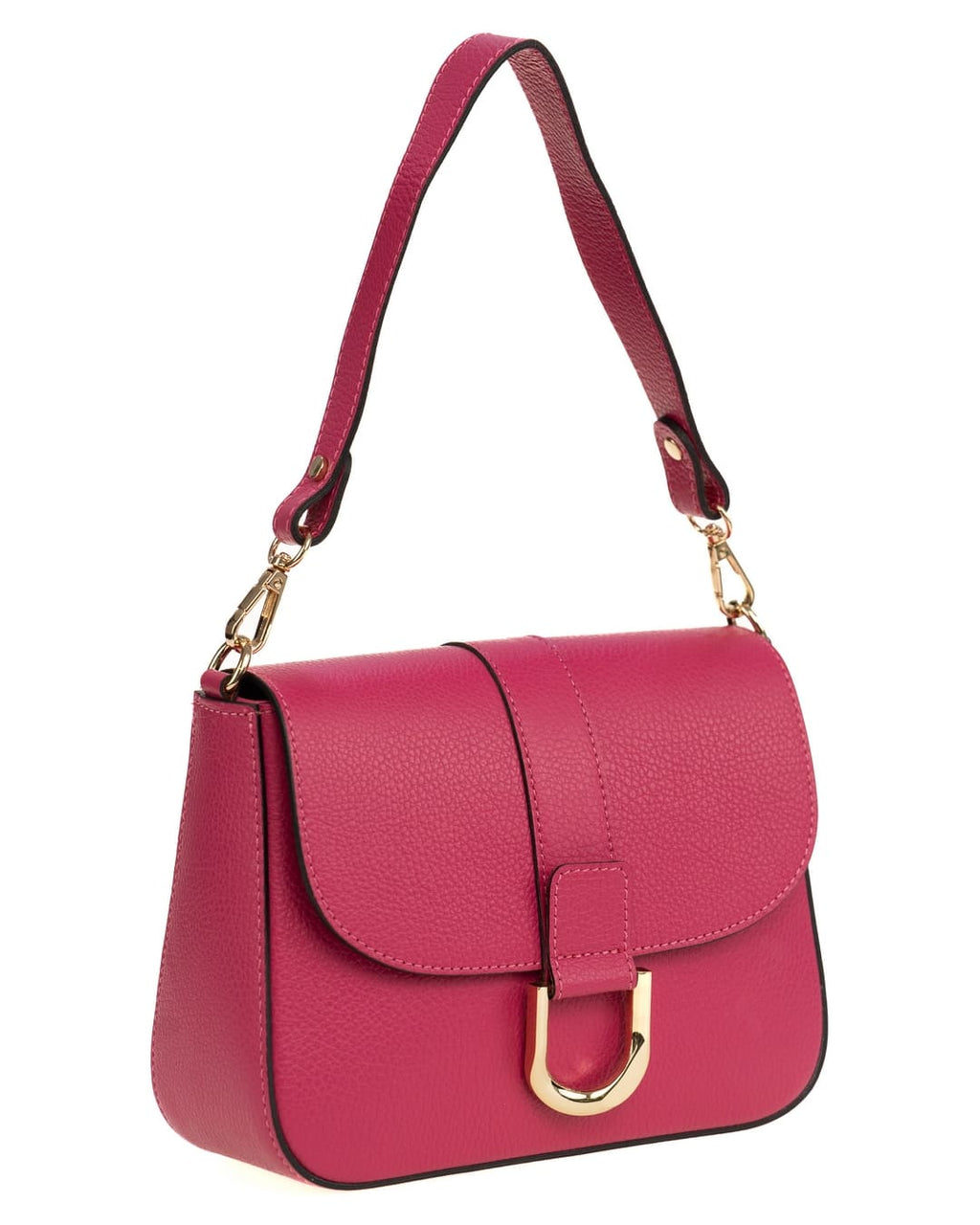 INES Borsa a spalla in vera pelle martellata fucsia con tracolla
