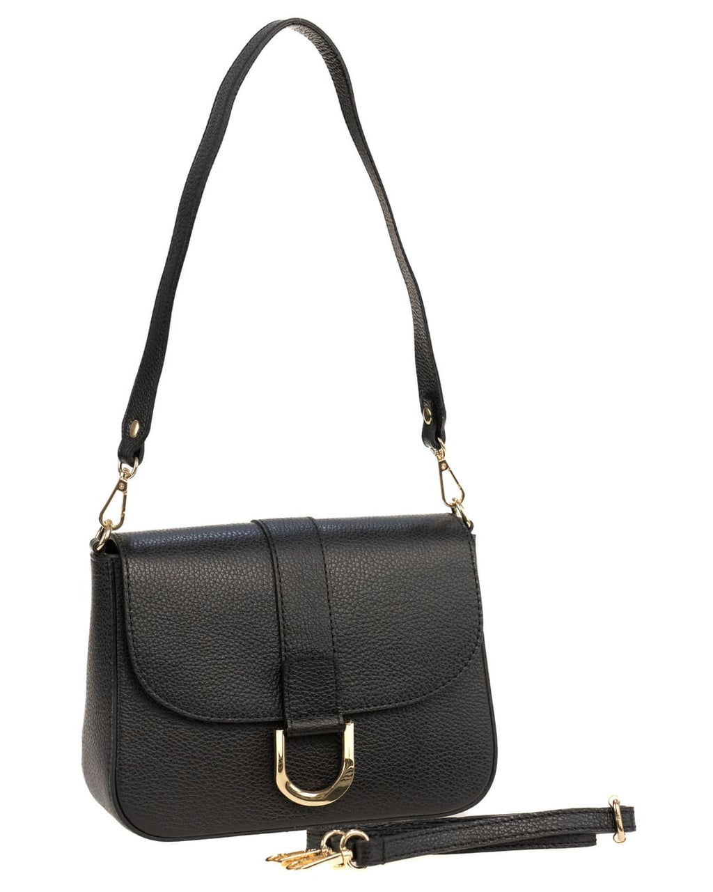 INES Borsa a spalla in vera pelle martellata nero con tracolla