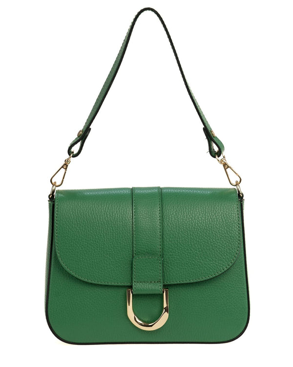 INES - Borsa a spalla in vera pelle martellata verde con tracolla