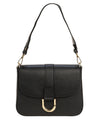 INES - Bolso de hombro de piel auténtica granulada negra con bandolera