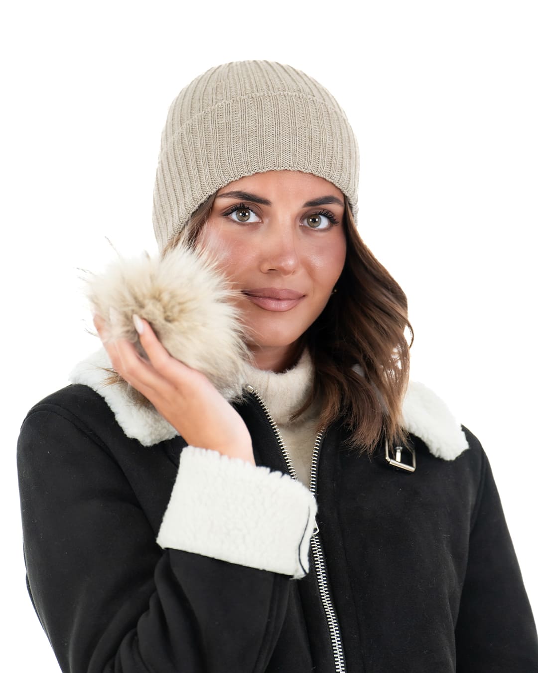 DAISY Cappello donna in lana beige con pompon in pelliccia