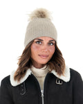 DAISY Cappello donna in lana beige con pompon in pelliccia