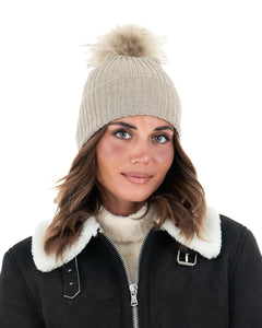 DAISY Cappello donna in lana beige con pompon in pelliccia