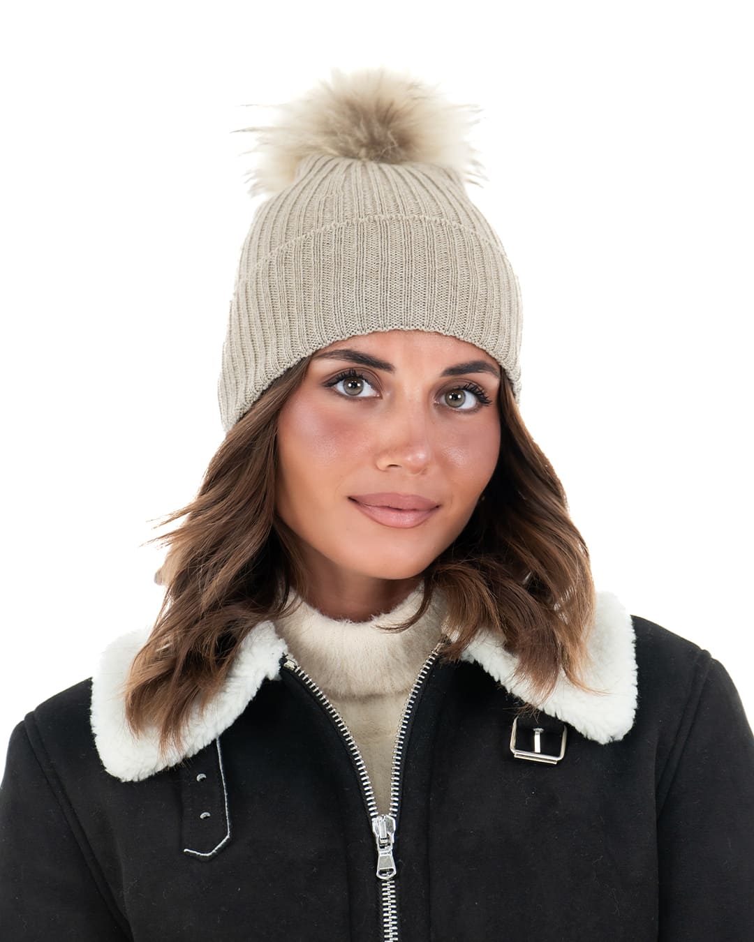 DAISY Cappello donna in lana beige con pompon in pelliccia