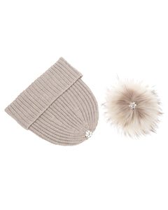 DAISY Cappello donna in lana beige con pompon in pelliccia
