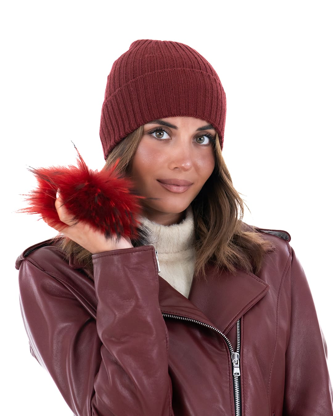 DAISY Cappello donna in lana bordeaux con pompon in pelliccia