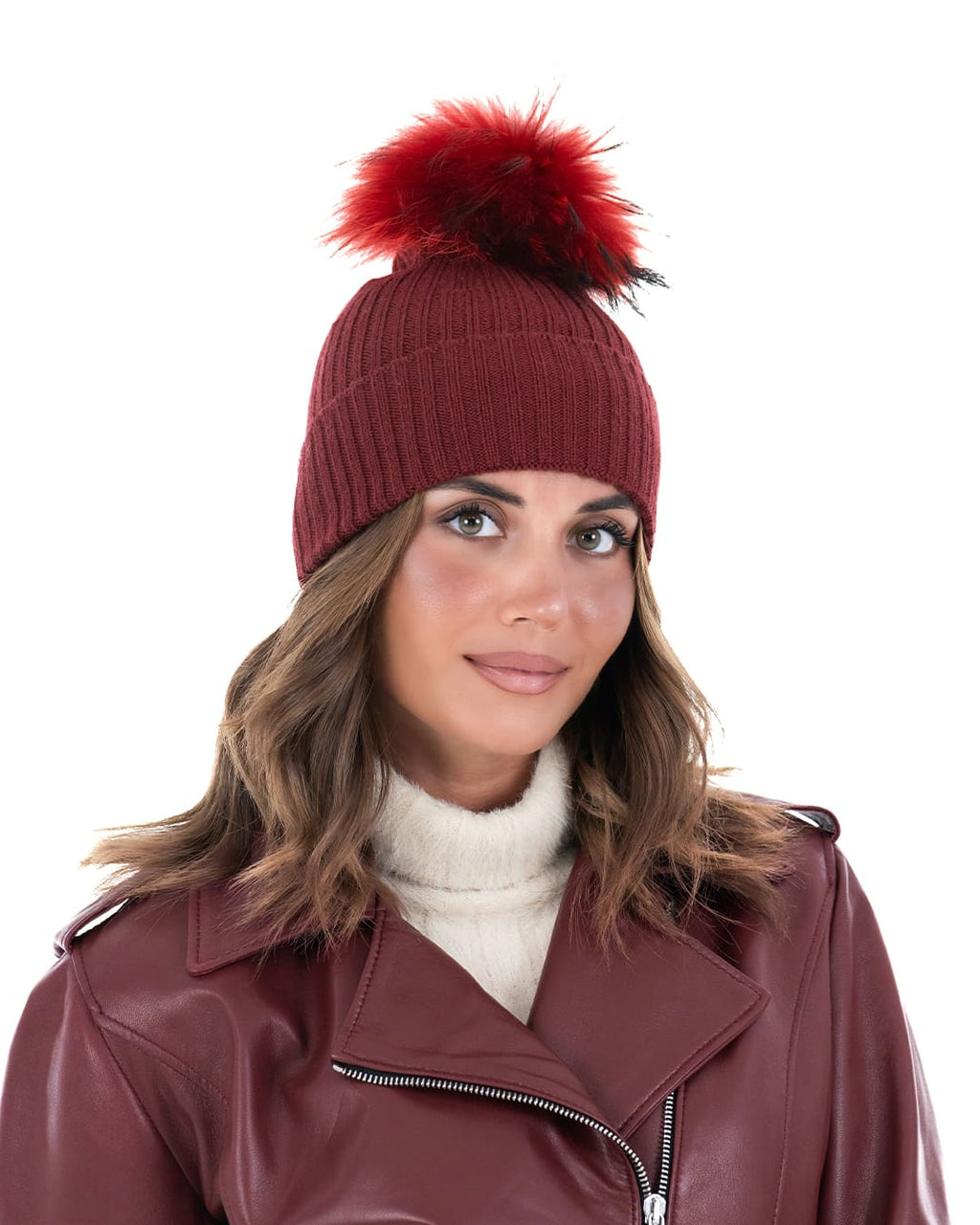 DAISY Cappello donna in lana bordeaux con pompon in pelliccia