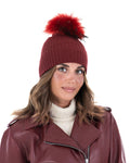 DAISY Cappello donna in lana bordeaux con pompon in pelliccia