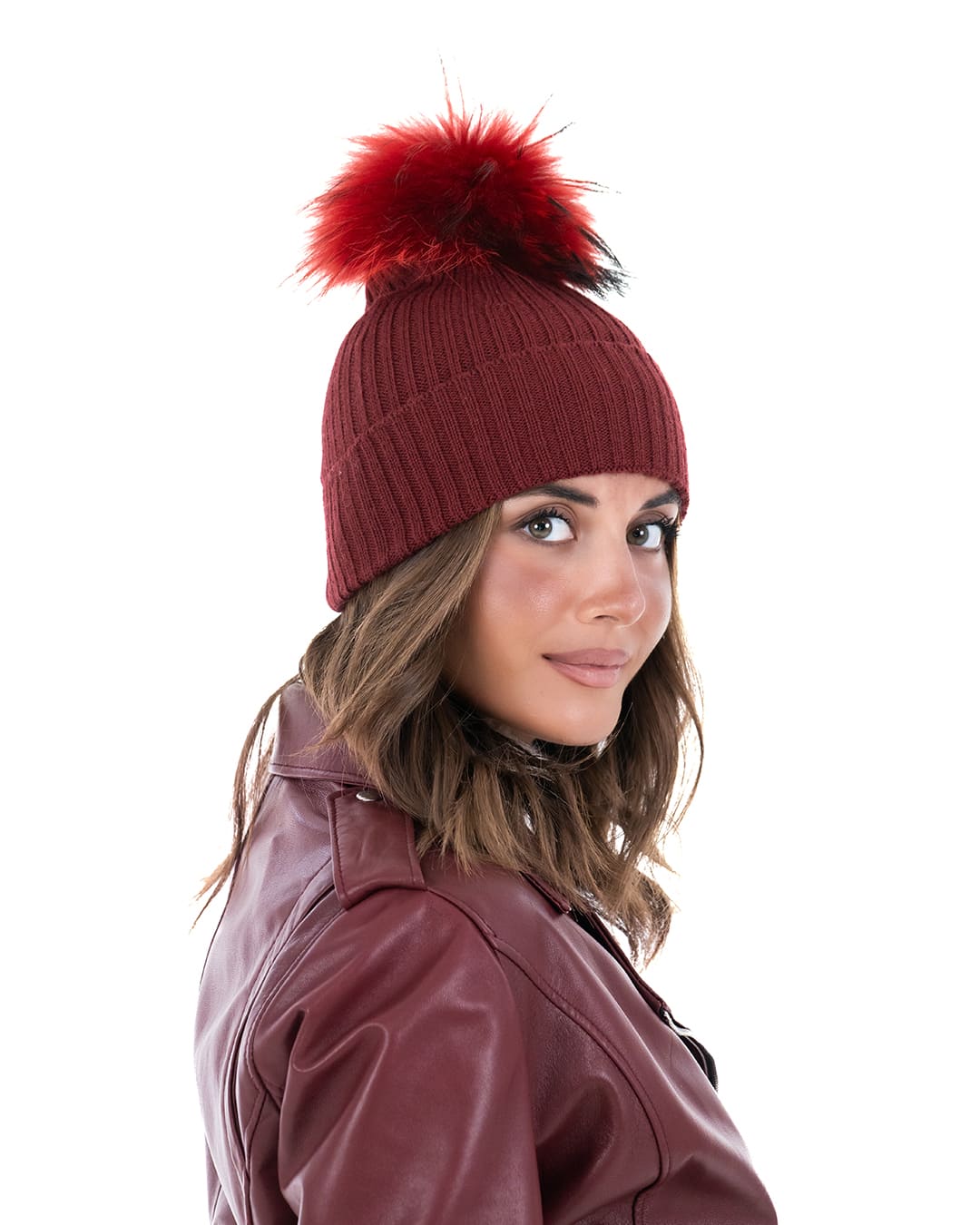 DAISY Cappello donna in lana bordeaux con pompon in pelliccia