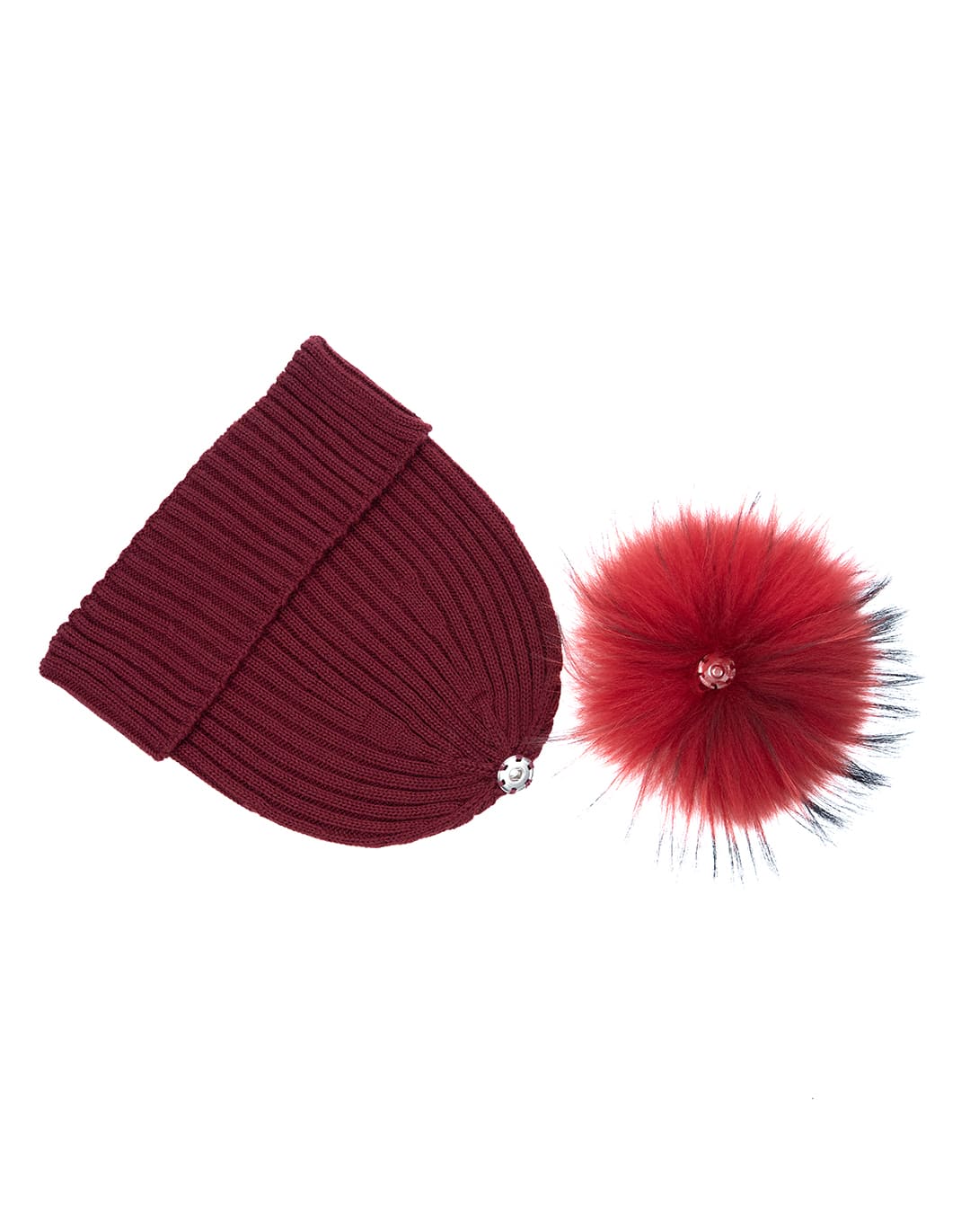 DAISY Cappello donna in lana bordeaux con pompon in pelliccia