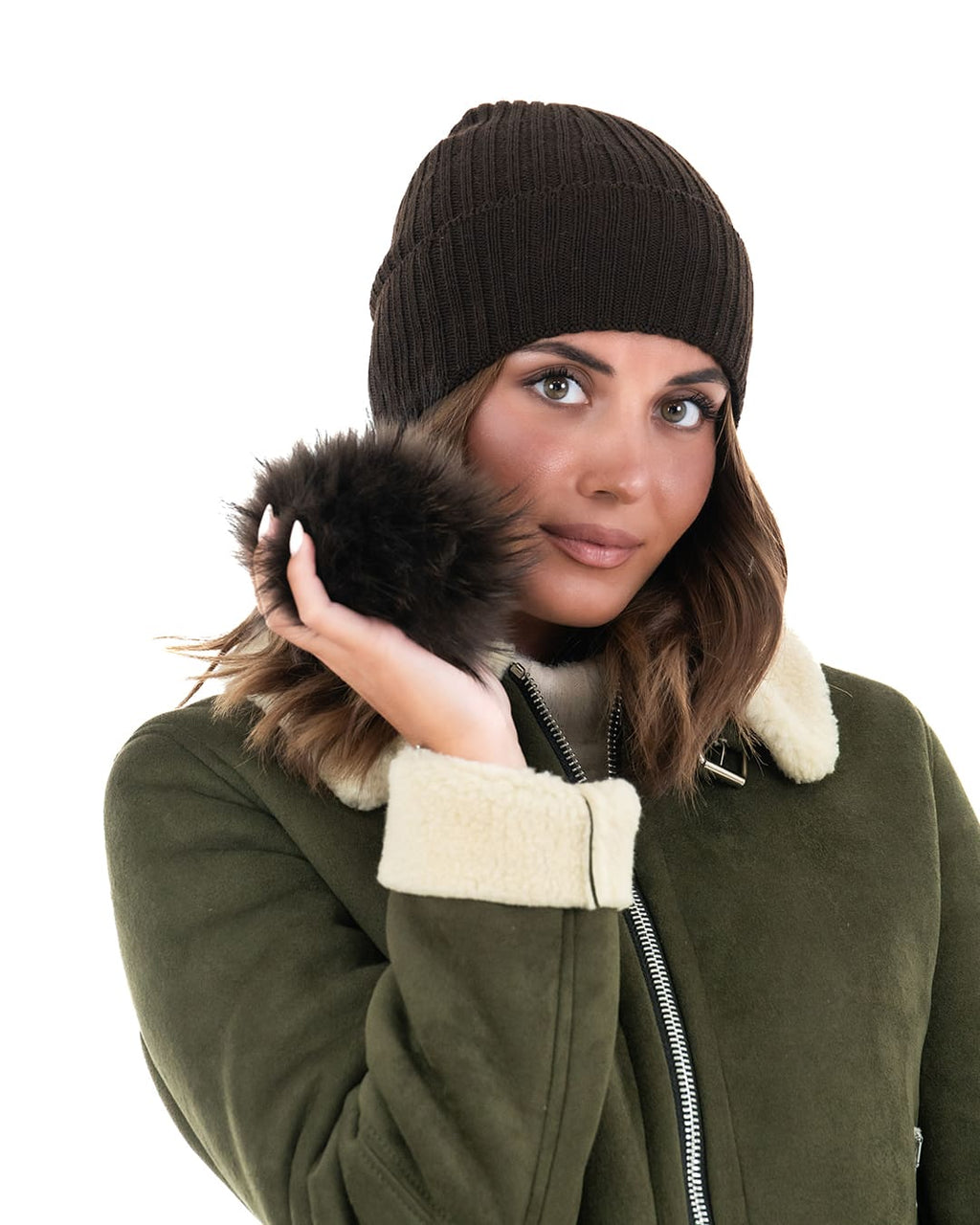 DAISY Cappello donna in lana marrone con pompon in pelliccia