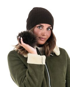 DAISY Cappello donna in lana marrone con pompon in pelliccia