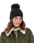 DAISY Cappello donna in lana marrone con pompon in pelliccia