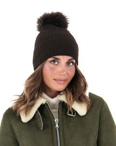 DAISY Cappello donna in lana marrone con pompon in pelliccia